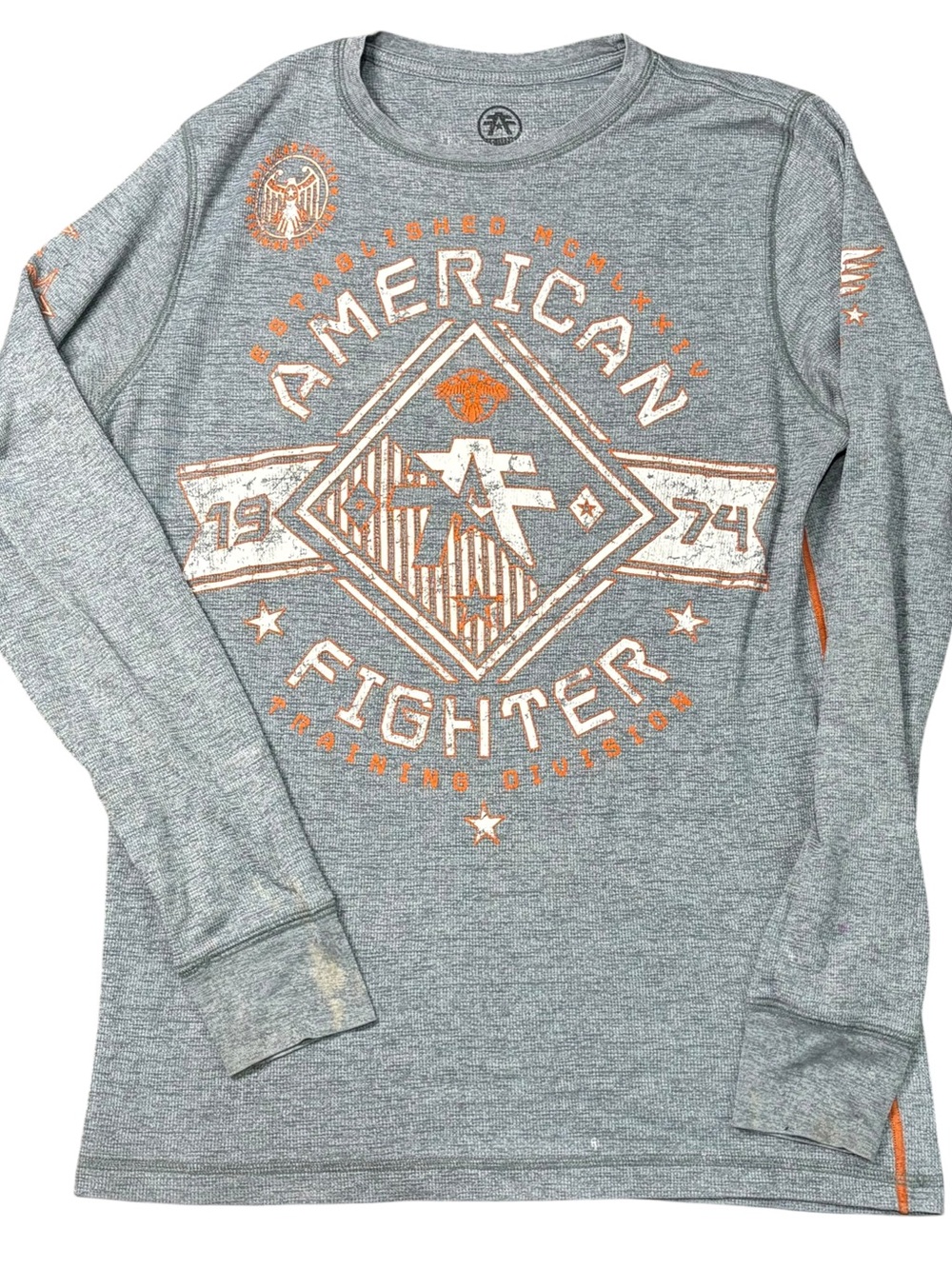 American Fighter Mens Waffle Knit Thermal Long Sleeve Gray Orange M⁠
